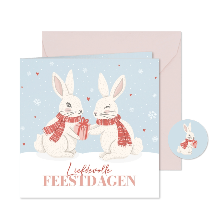Kerstkaart met konijnen in de sneeuw liefdevolle feestdagen - Kaartimpressie