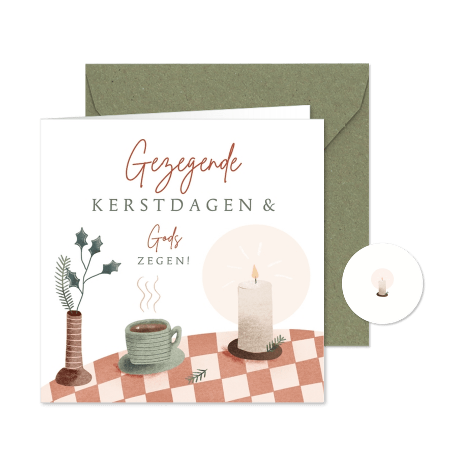 Kerstkaart met kopje kaars en kersttak en bijbeltekst - Kaartimpressie