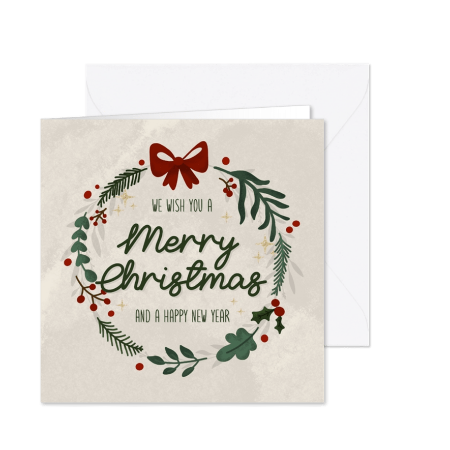Kerstkaart met krans en strik - Kaartimpressie