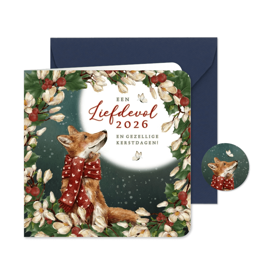 Kerstkaart met krans en vos met muisje in sjaal - Kaartimpressie