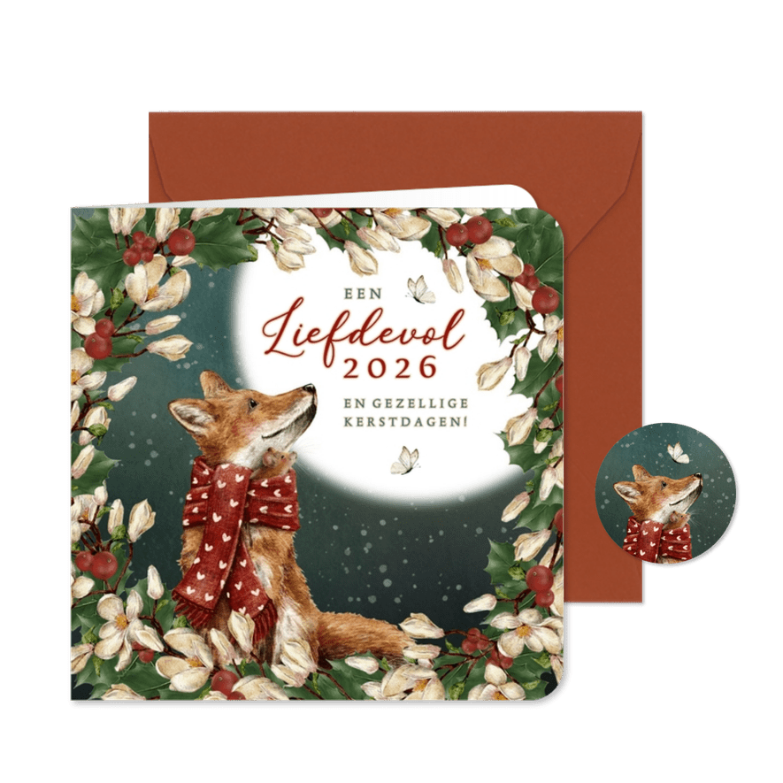Kerstkaart met krans en vos met muisje in sjaal - Kaartimpressie