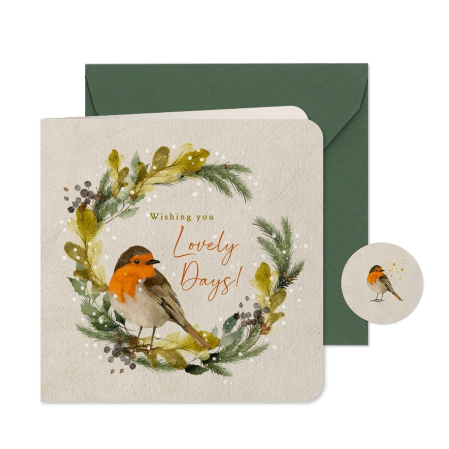 Kerstkaart met krans, roodborstje en sneeuwvlokjes - Kaartimpressie