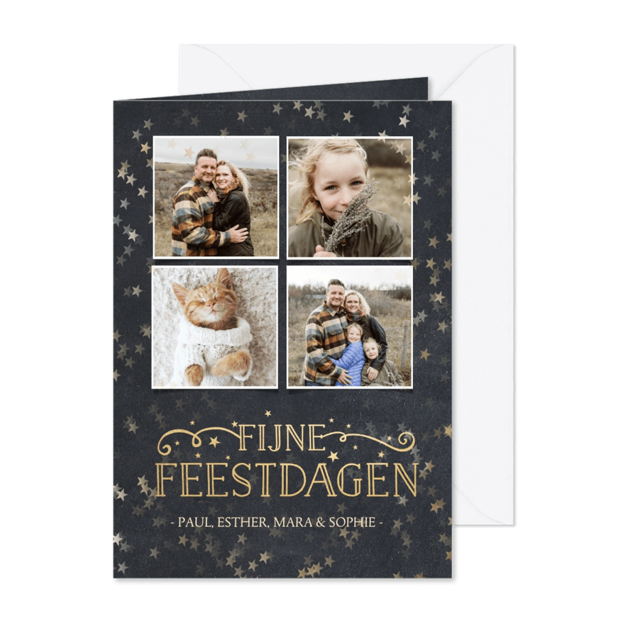 Kerstkaart met krijtbord achtergrond, sterren en 4 foto's - Kaartimpressie