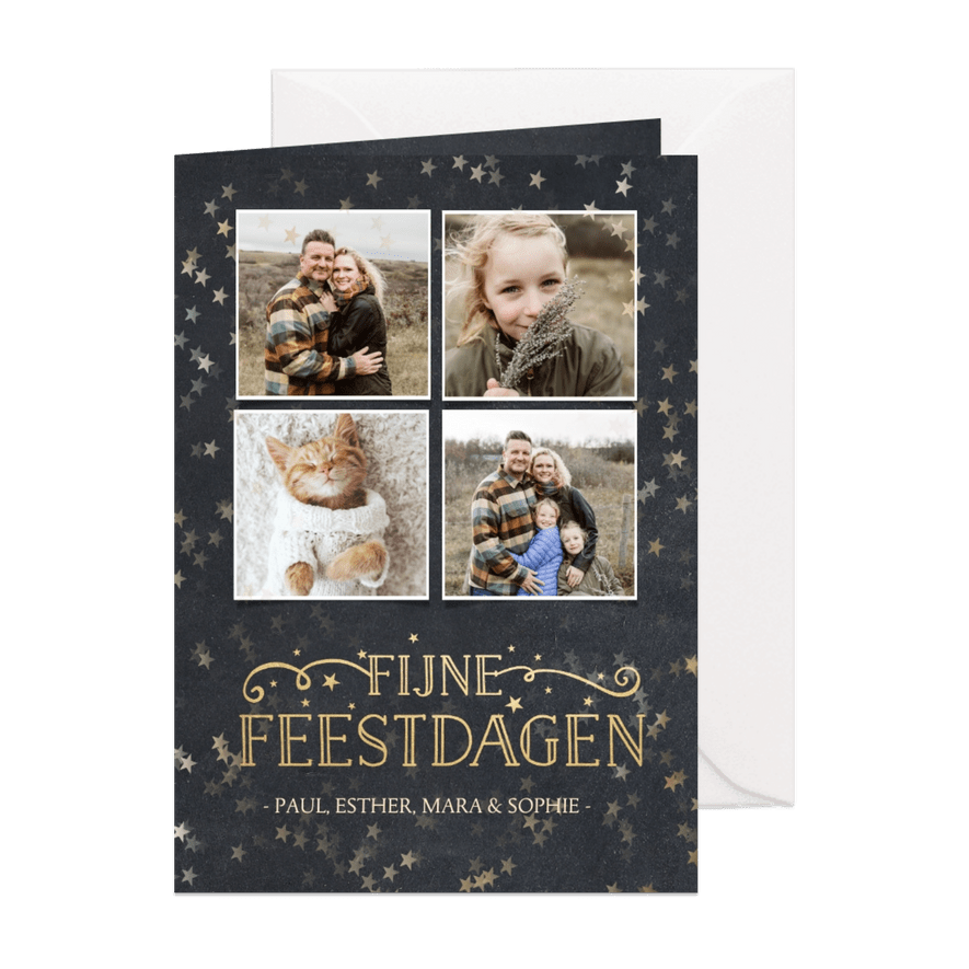 Kerstkaart met krijtbord achtergrond, sterren en 4 foto's  - Kaartimpressie