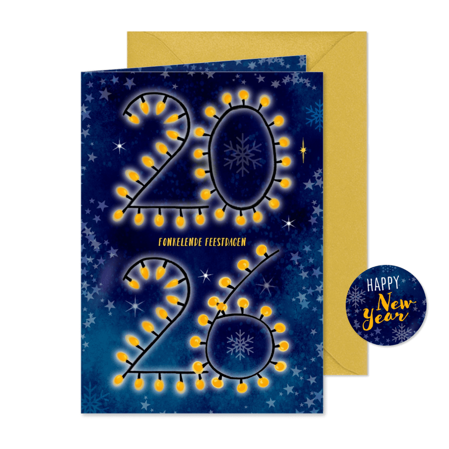 Kerstkaart met lampjes '2026' - Kaartimpressie