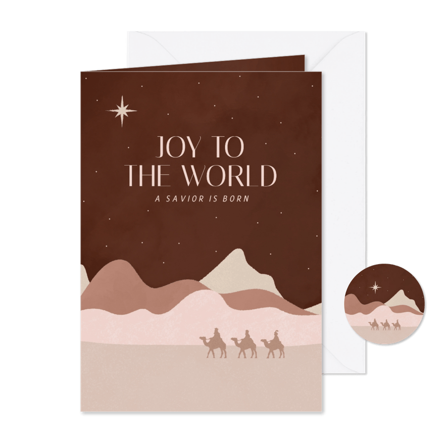 Kerstkaart met landschap drie wijzen en grote ster - Kaartimpressie