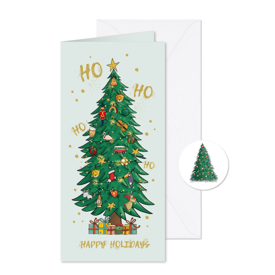 Kerstkaart met leuke hoge kerstboom met ballen - Kaartimpressie