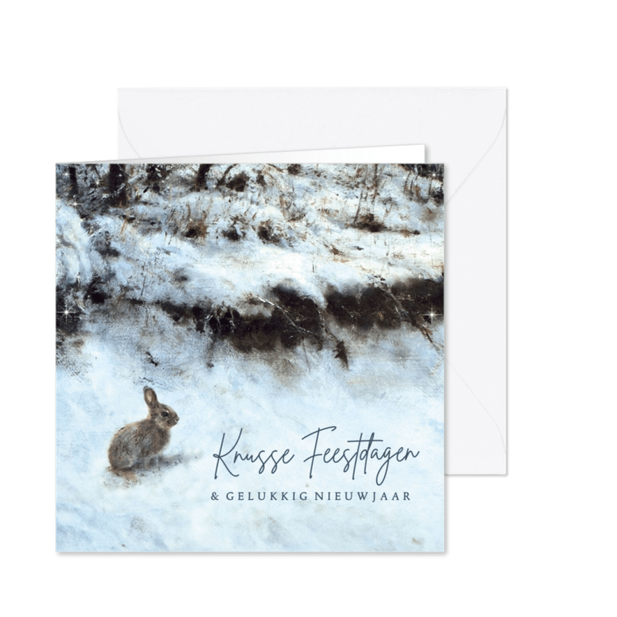 Kerstkaart met lief konijn in bos - Kaartimpressie