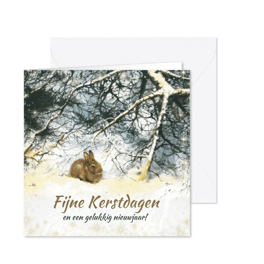 Kerstkaart met lief konijn in winterbos - Kaartimpressie