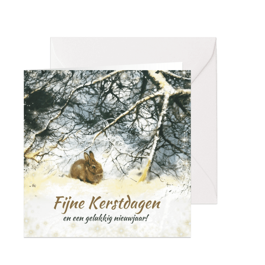 Kerstkaart met lief konijn in winterbos - Kaartimpressie