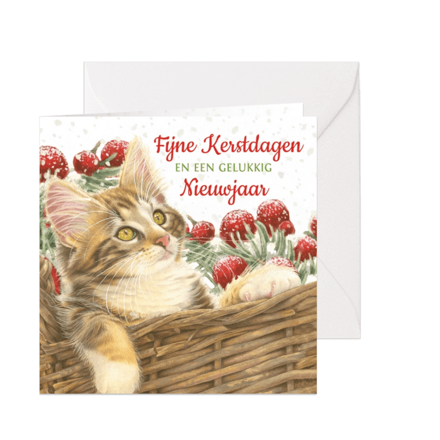 Kerstkaart met lieve kat in kerstmand - Kaartimpressie