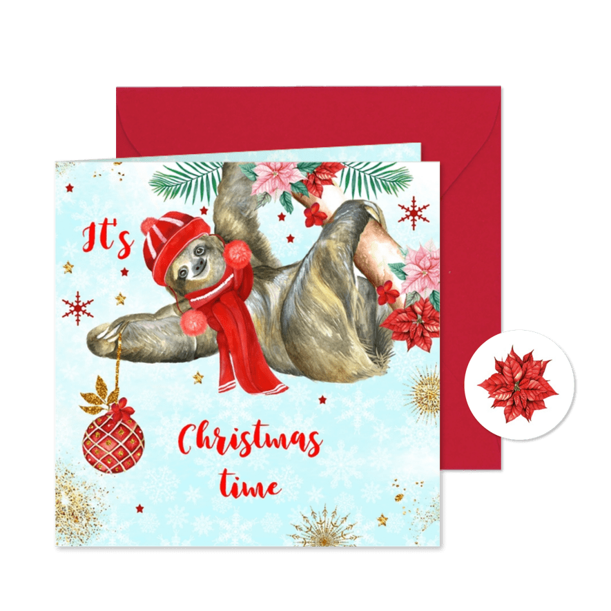 Kerstkaart met luiaard kerstbal - Kaartimpressie