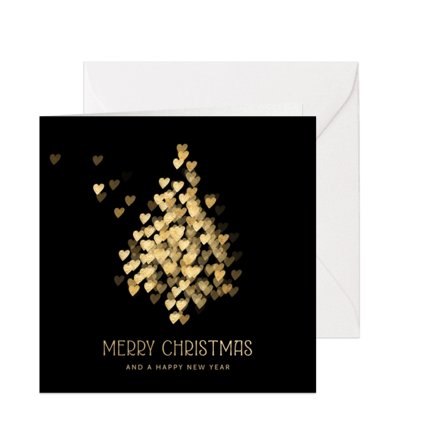 Kerstkaart met luxe gouden kerstboom hartjes - Kaartimpressie