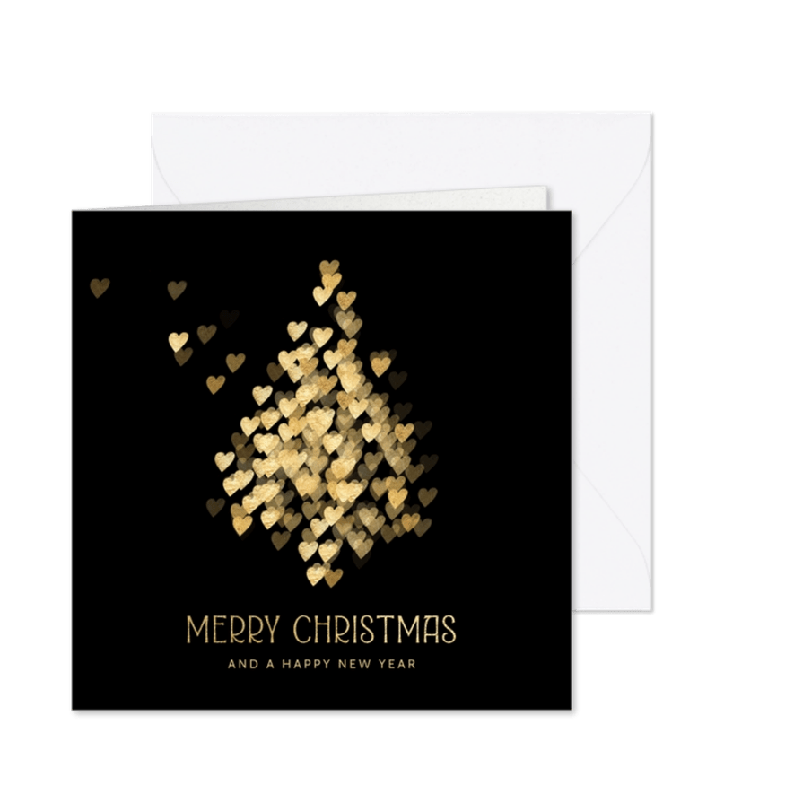 Kerstkaart met luxe gouden kerstboom hartjes - Kaartimpressie