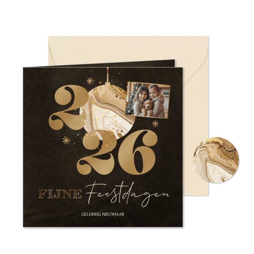 Kerstkaart met marmer kerstbal 2026 - Kaartimpressie