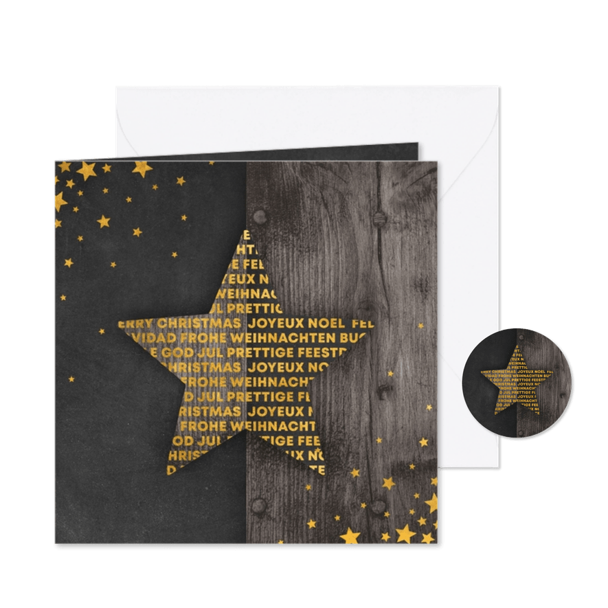 Kerstkaart met meertalige ster en gouden sterren - Kaartimpressie
