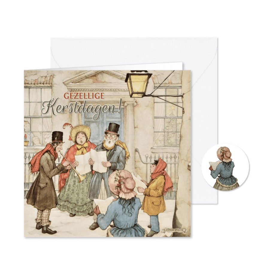 Kerstkaart met mensen die kerstliedjes zingen. - Kaartimpressie