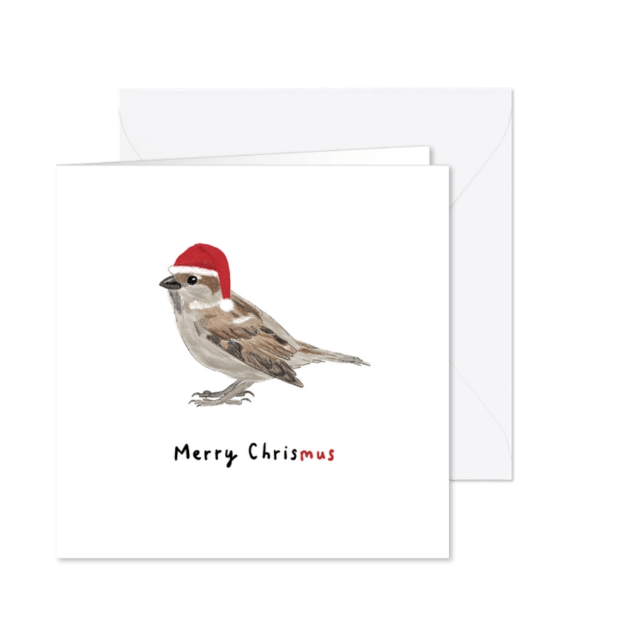 Kerstkaart met mus met kerstmuts en tekst Merry Chrismus - Kaartimpressie