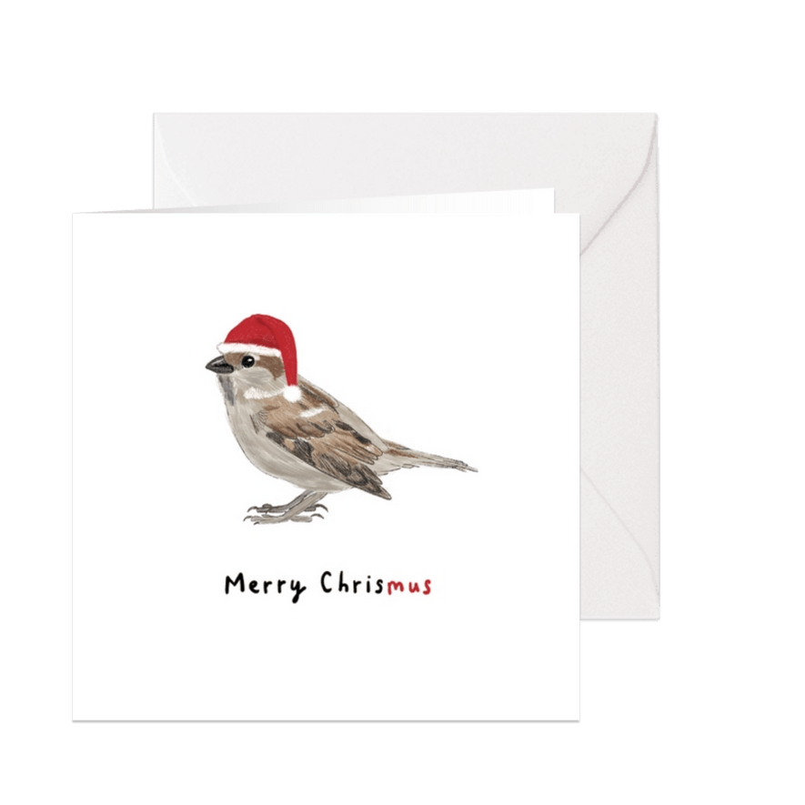 Kerstkaart met mus met kerstmuts en tekst Merry Chrismus - Kaartimpressie