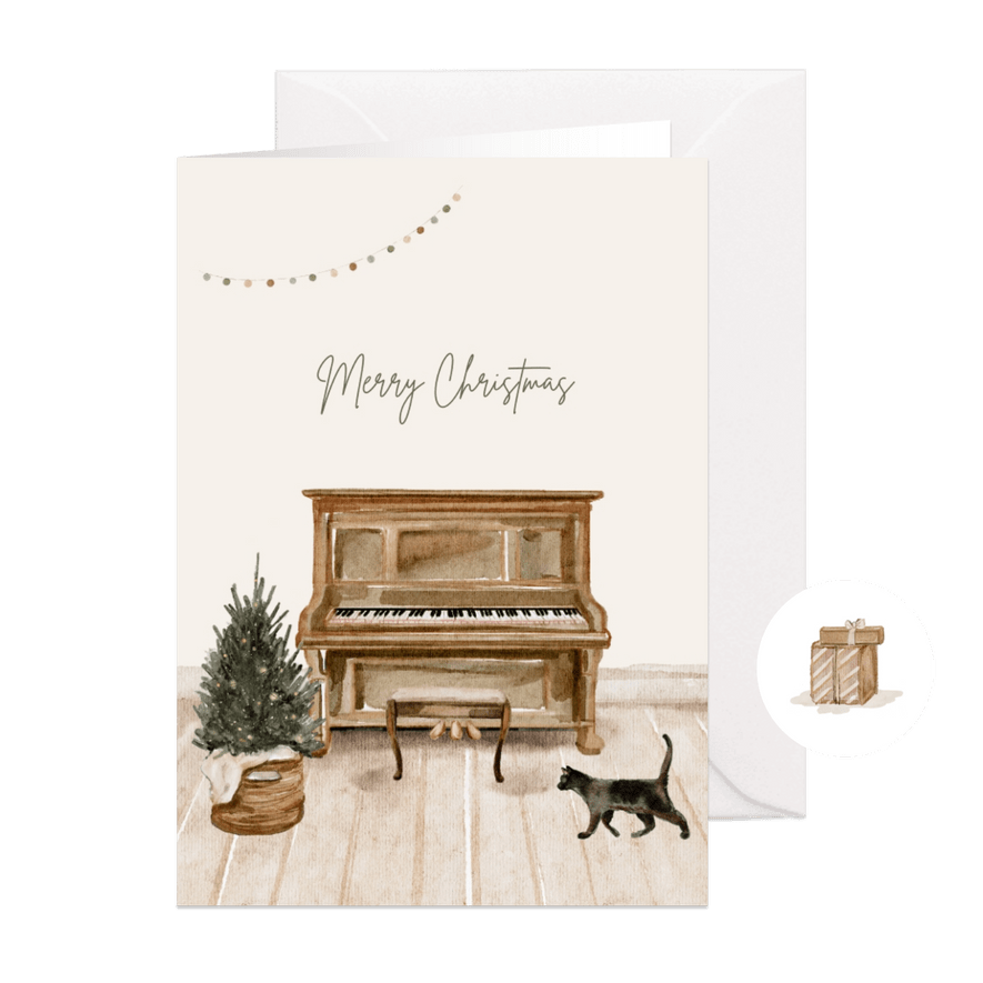 Kerstkaart met piano kerstboom cadeautjes en kat - Kaartimpressie