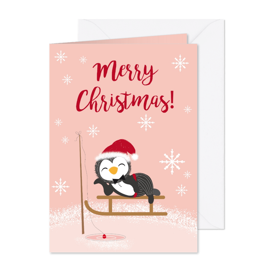 Kerstkaart met pinguïn in de sneeuw - Kaartimpressie