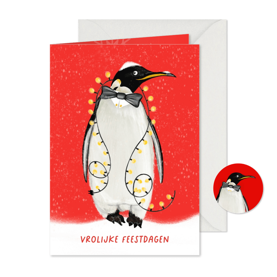 Kerstkaart met pinguïn met kerstlichtjes - Kaartimpressie