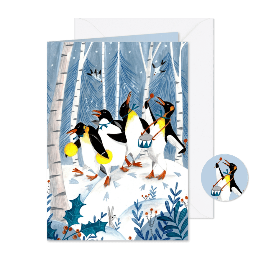 Kerstkaart met pinguïns muzikanten - Kaartimpressie