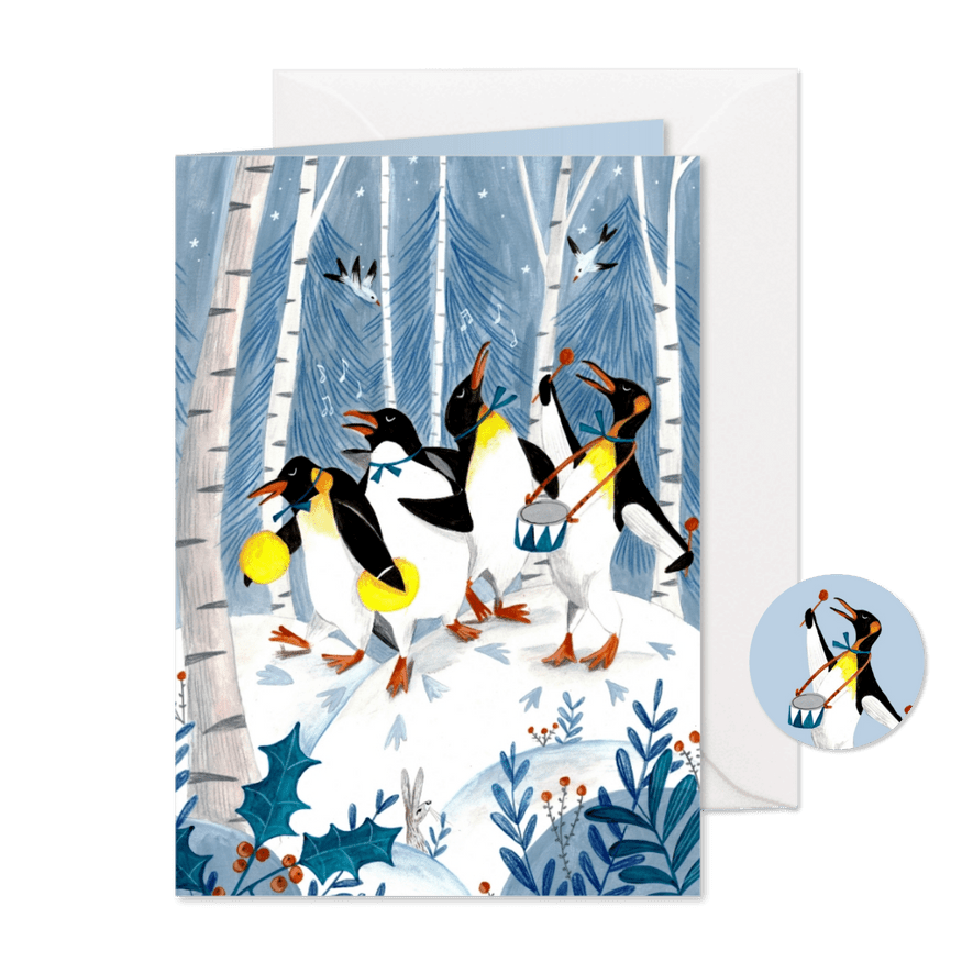 Kerstkaart met pinguïns muzikanten  - Kaartimpressie