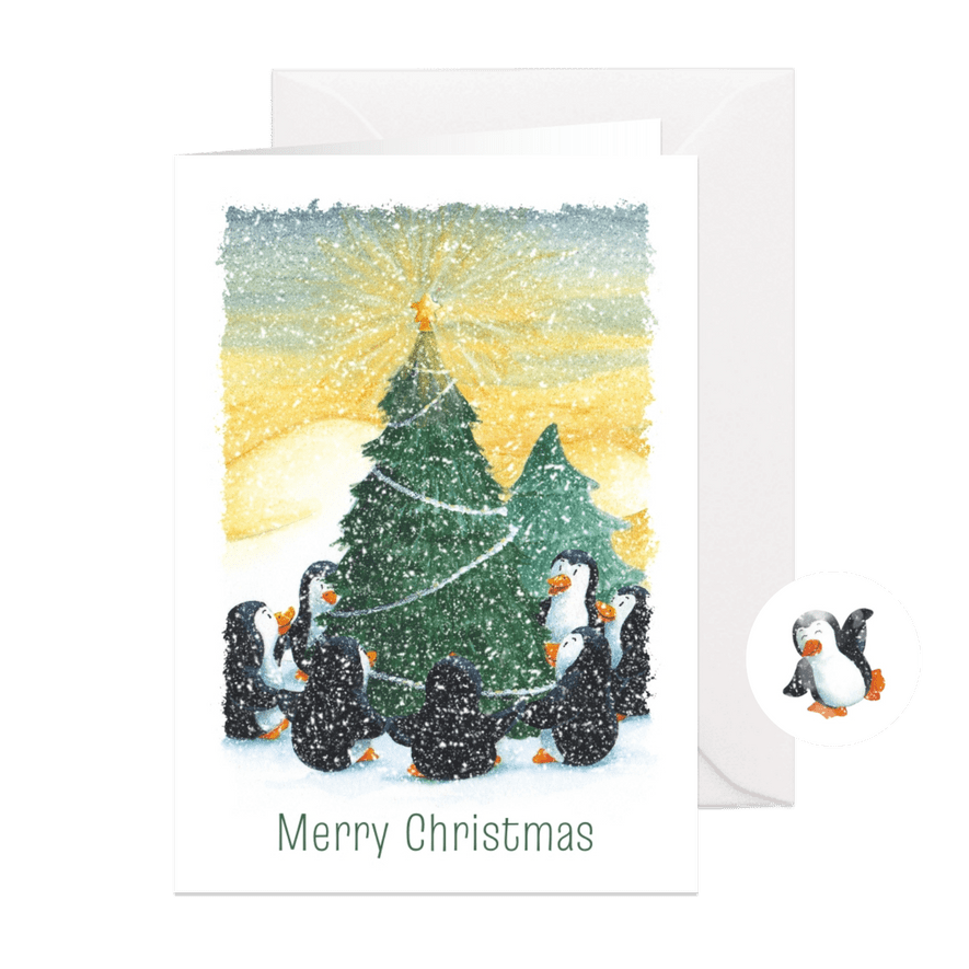 Kerstkaart met pinguïns om de kerstboom - Kaartimpressie