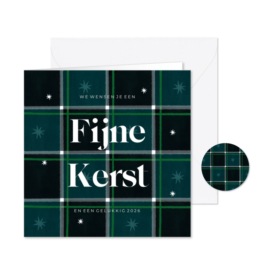 Kerstkaart met plaid patroon fijne kerst groen sterren - Kaartimpressie