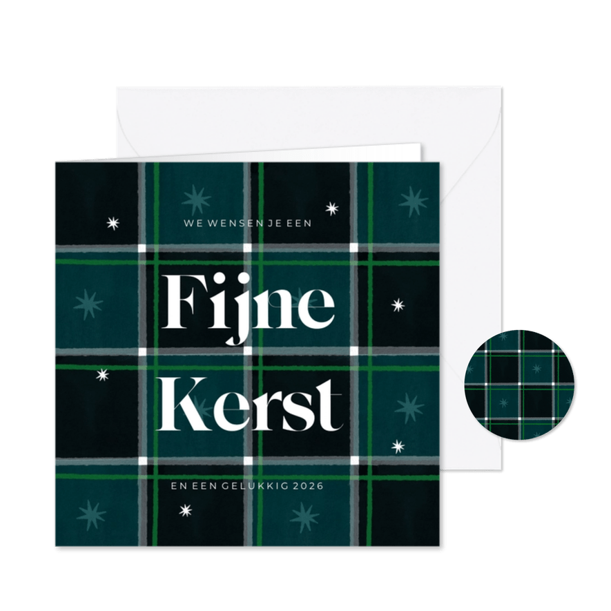 Kerstkaart met plaid patroon fijne kerst groen sterren - Kaartimpressie