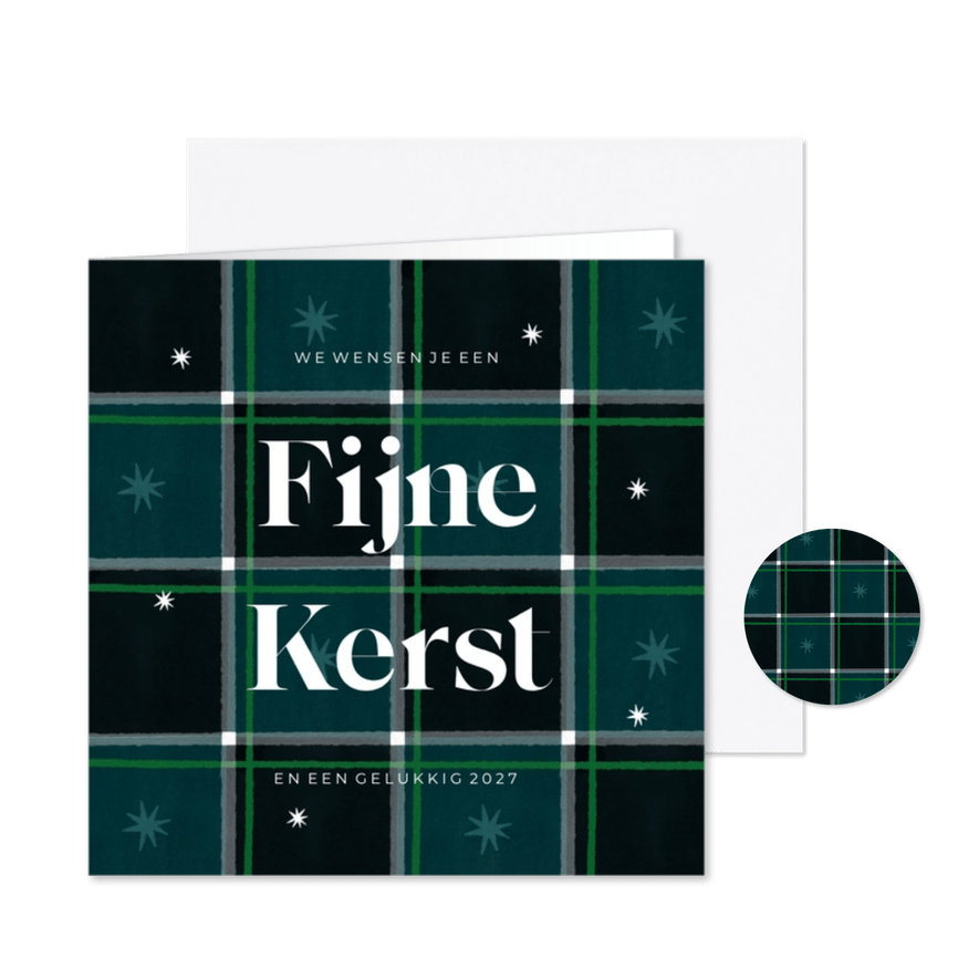 Kerstkaart met plaid patroon fijne kerst groen sterren - Kaartimpressie