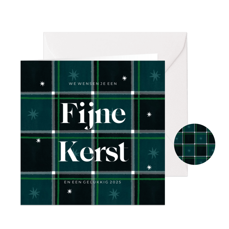 Kerstkaart met plaid patroon fijne kerst groen sterren - Kaartimpressie