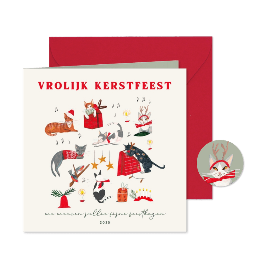Kerstkaart met poezen en kerst decoratie - Kaartimpressie