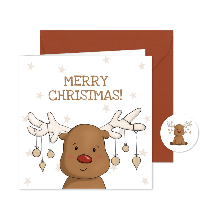 Kerstkaart met rendier en kerstballen - Kaartimpressie