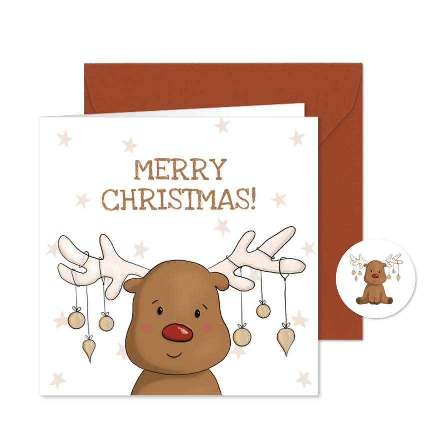 Kerstkaart met rendier en kerstballen - Kaartimpressie