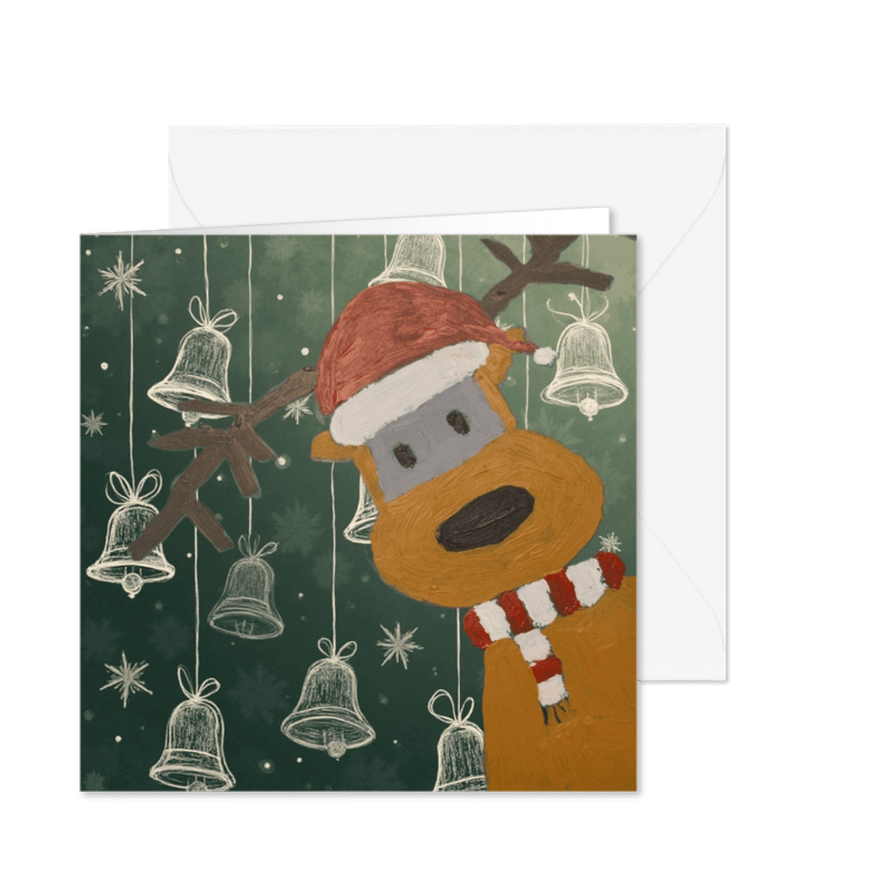 Kerstkaart met rendier en kerstklokjes - Kaartimpressie