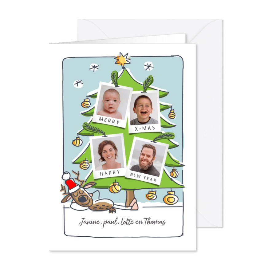 Kerstkaart met rendier foto's in de boom - Kaartimpressie