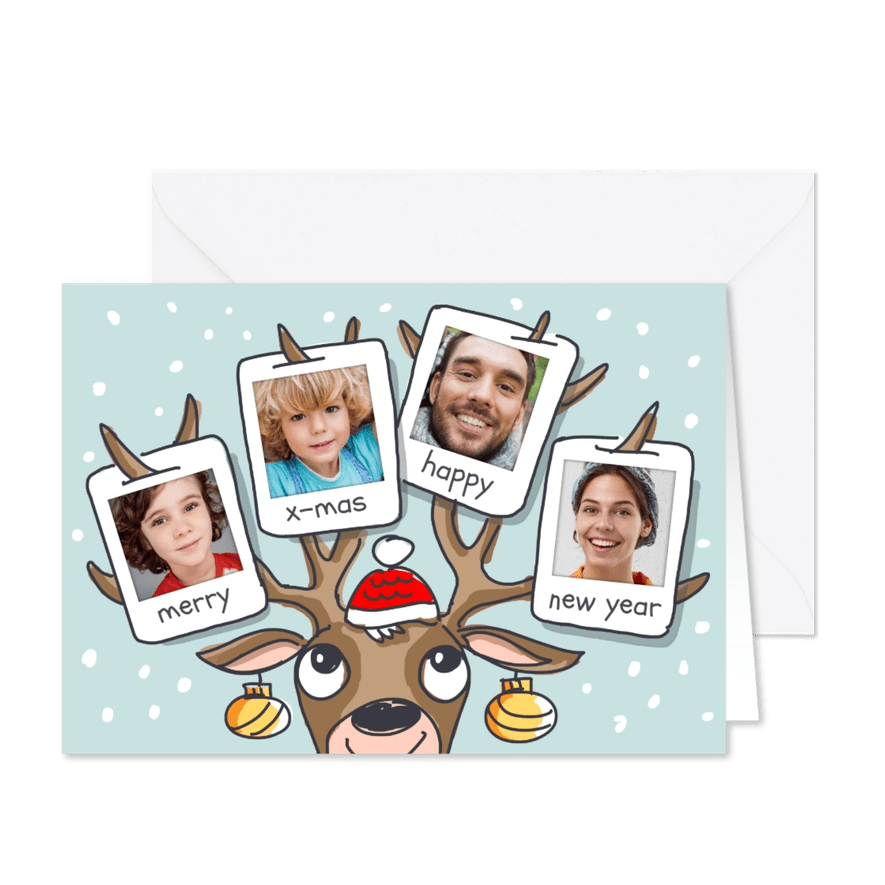 Kerstkaart met rendier gewei met 4 foto's - Kaartimpressie