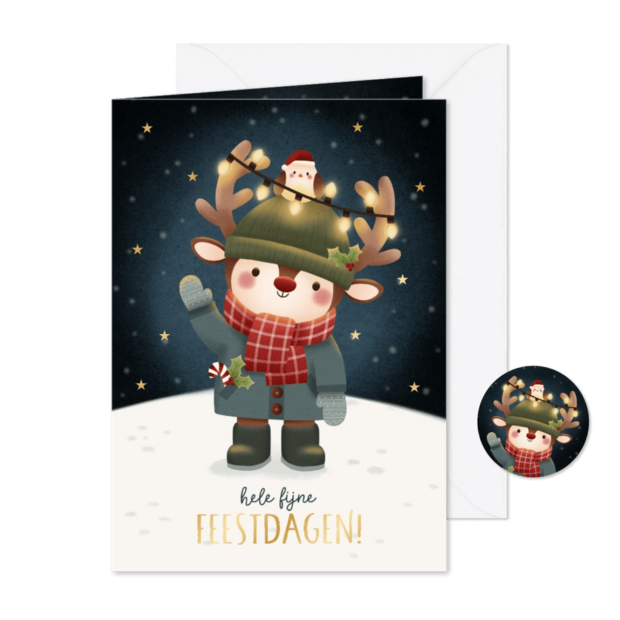 Kerstkaart met rendier vogeltje lampjes en sneeuw - Kaartimpressie