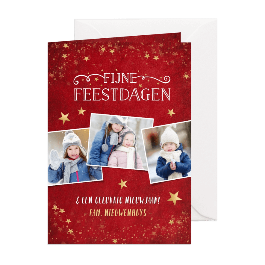 Kerstkaart met rode achtergrond en gouden sterren - Kaartimpressie