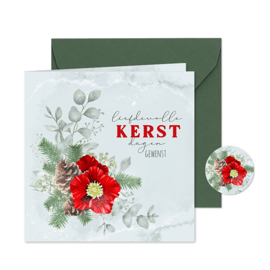 Kerstkaart met rode kerstroos en eucalyptus - Kaartimpressie