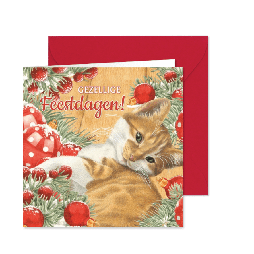 Kerstkaart met rode kitten bij de kerstversiering - Kaartimpressie