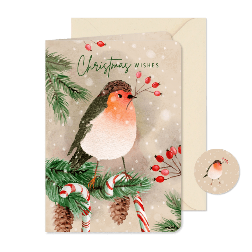 Kerstkaart met roodborst en zuurstokken - Kaartimpressie