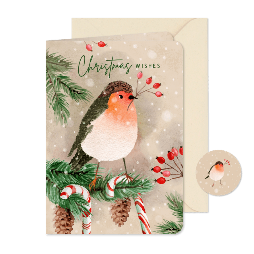Kerstkaart met roodborst en zuurstokken - Kaartimpressie