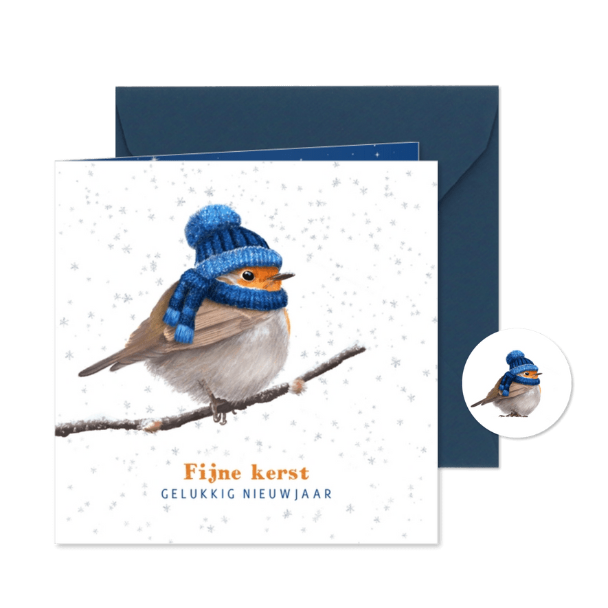 Kerstkaart met roodborst in de sneeuw - Kaartimpressie