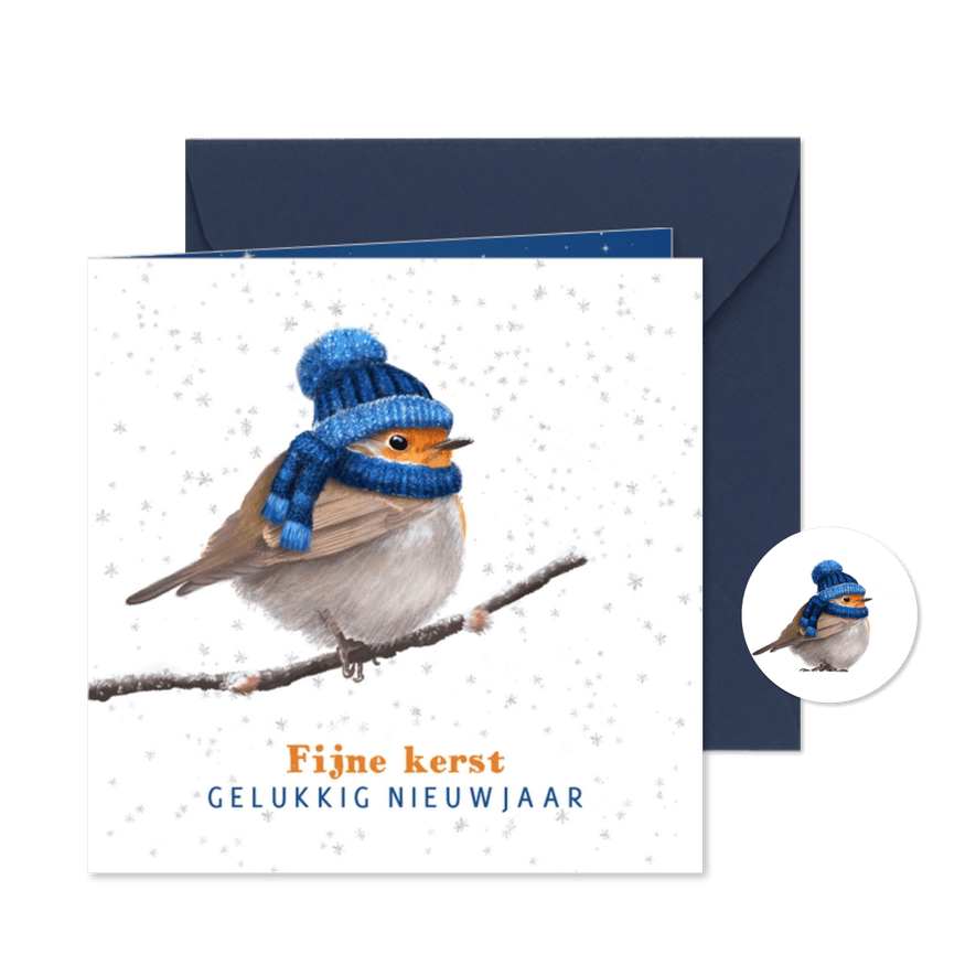 Kerstkaart met roodborst in de sneeuw - Kaartimpressie