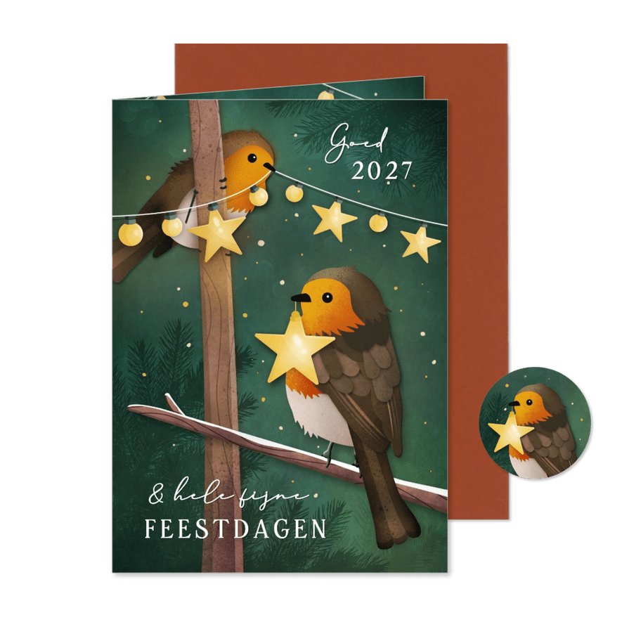 Kerstkaart met roodborstje en kerst lampjes - Kaartimpressie