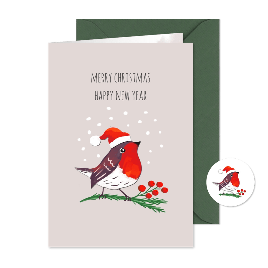 Kerstkaart met roodborstje op kersttak met besjes - Kaartimpressie