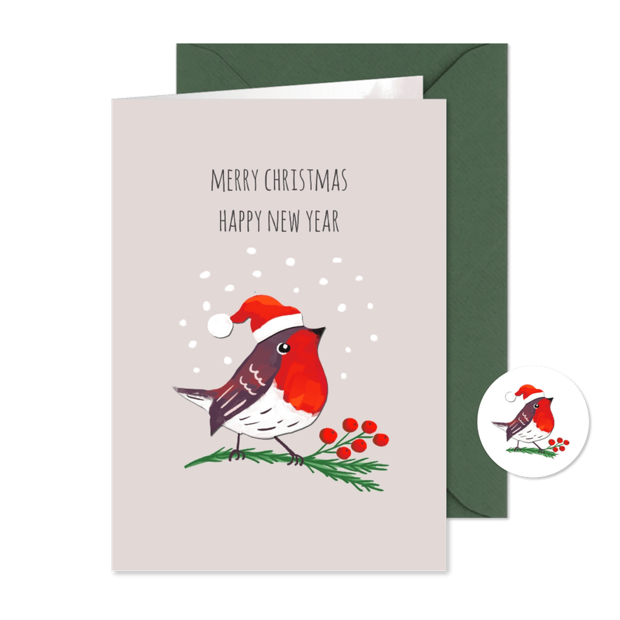 Kerstkaart met roodborstje op kersttak met besjes - Kaartimpressie